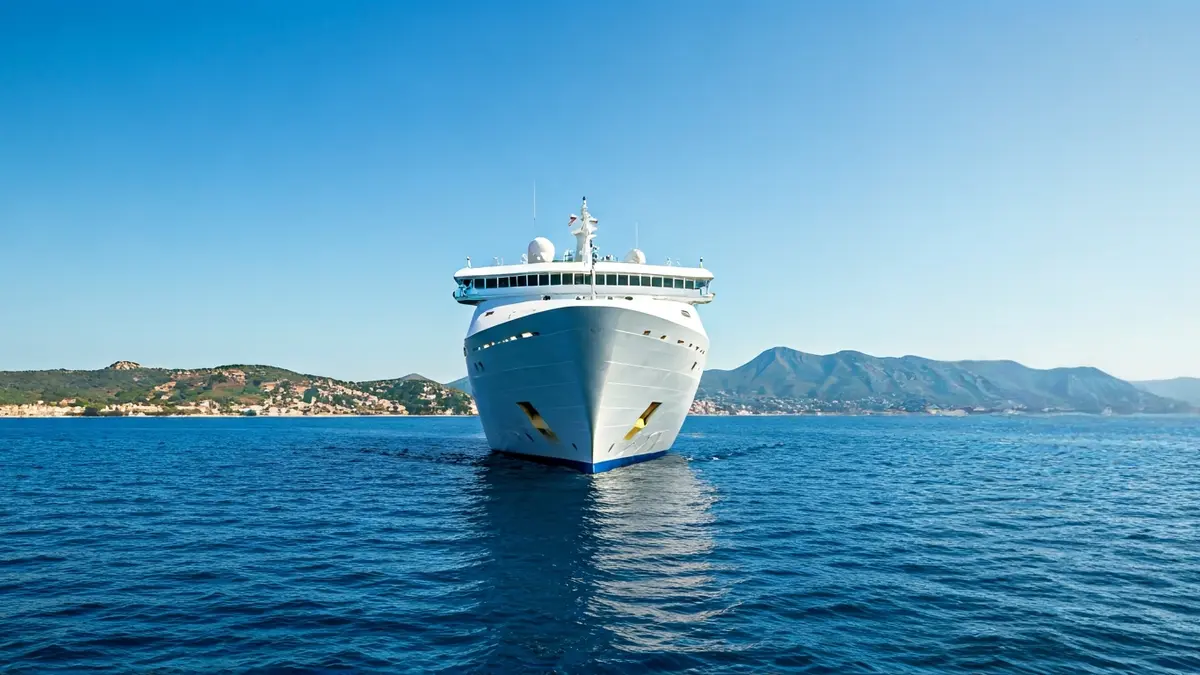 Imagen genérica de un crucero navegando por aguas azules con la costa mediterránea al fondo.