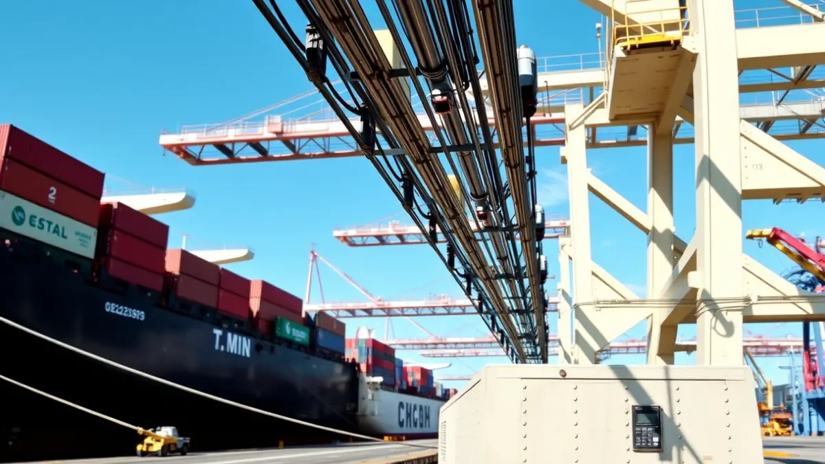 Image of a modern port terminal with cargo ships and electrical infrastructure.