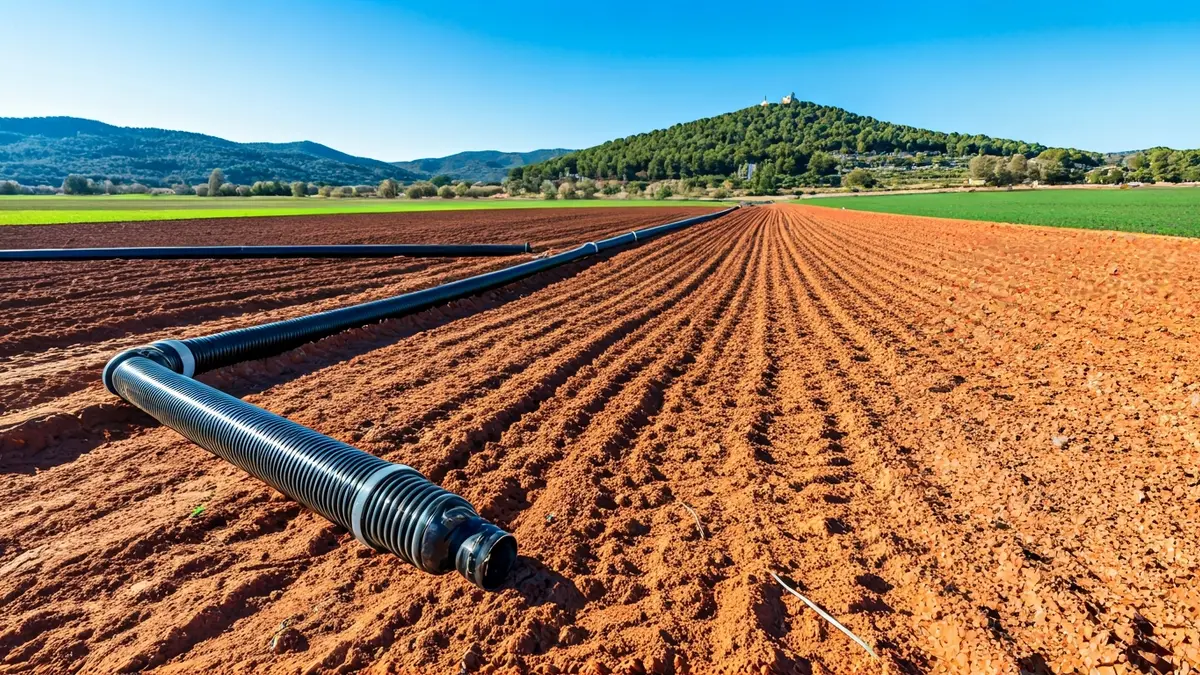Generic image of irrigation pipes in a field in the Valencian Community.