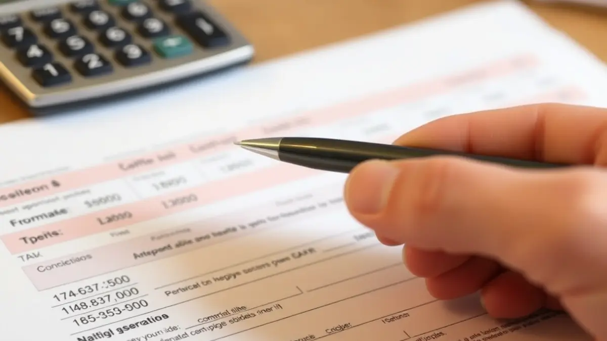 Generic image of a hand with a pen over a tax form with blurred calculations and a calculator in the background.