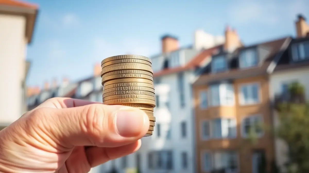 Generic image of euro coins with residential buildings in the background, symbolizing rising housing prices.
