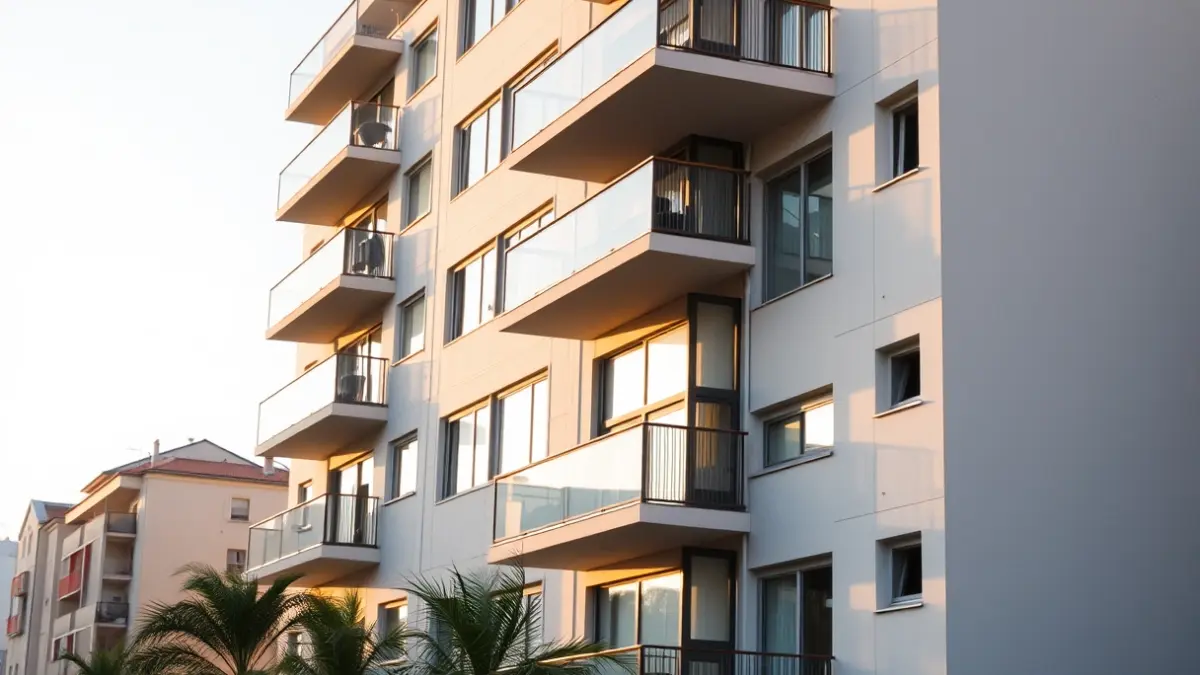 Imagen genérica de la fachada de un edificio de apartamentos moderno en una ciudad mediterránea.