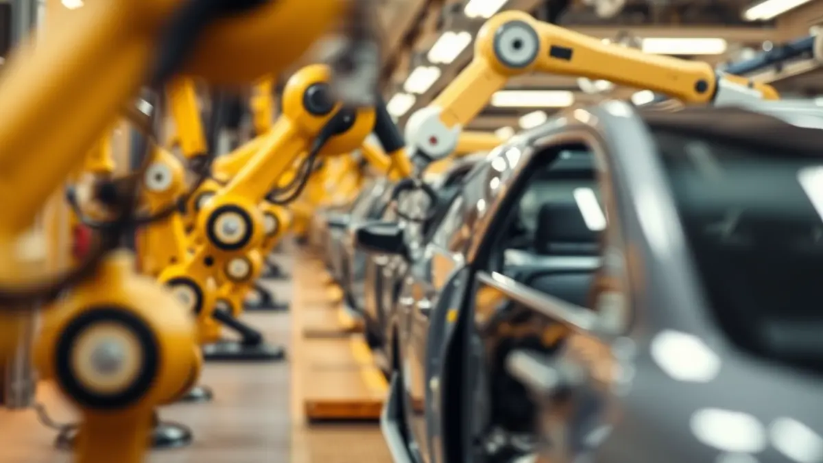 Image of a vehicle assembly line in a factory, with robotic arms in motion.