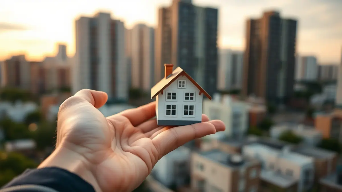 Generic image of a hand holding a miniature house, with blurred city buildings in the background.