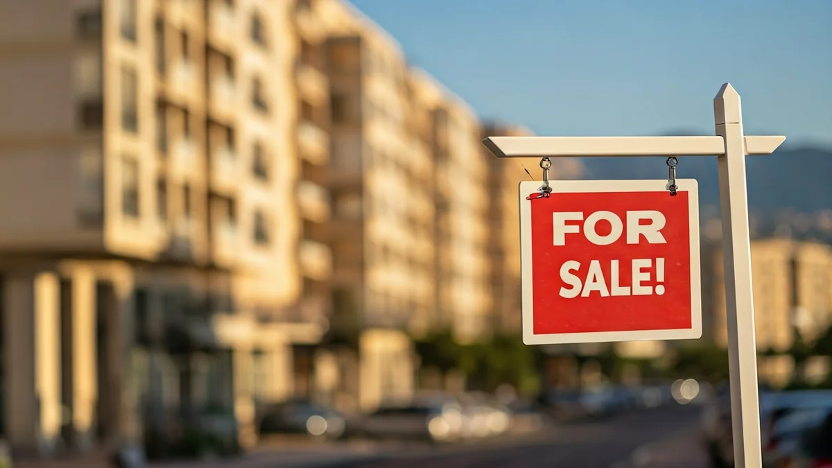 Generic image of a 'for sale' sign with residential buildings in the background.