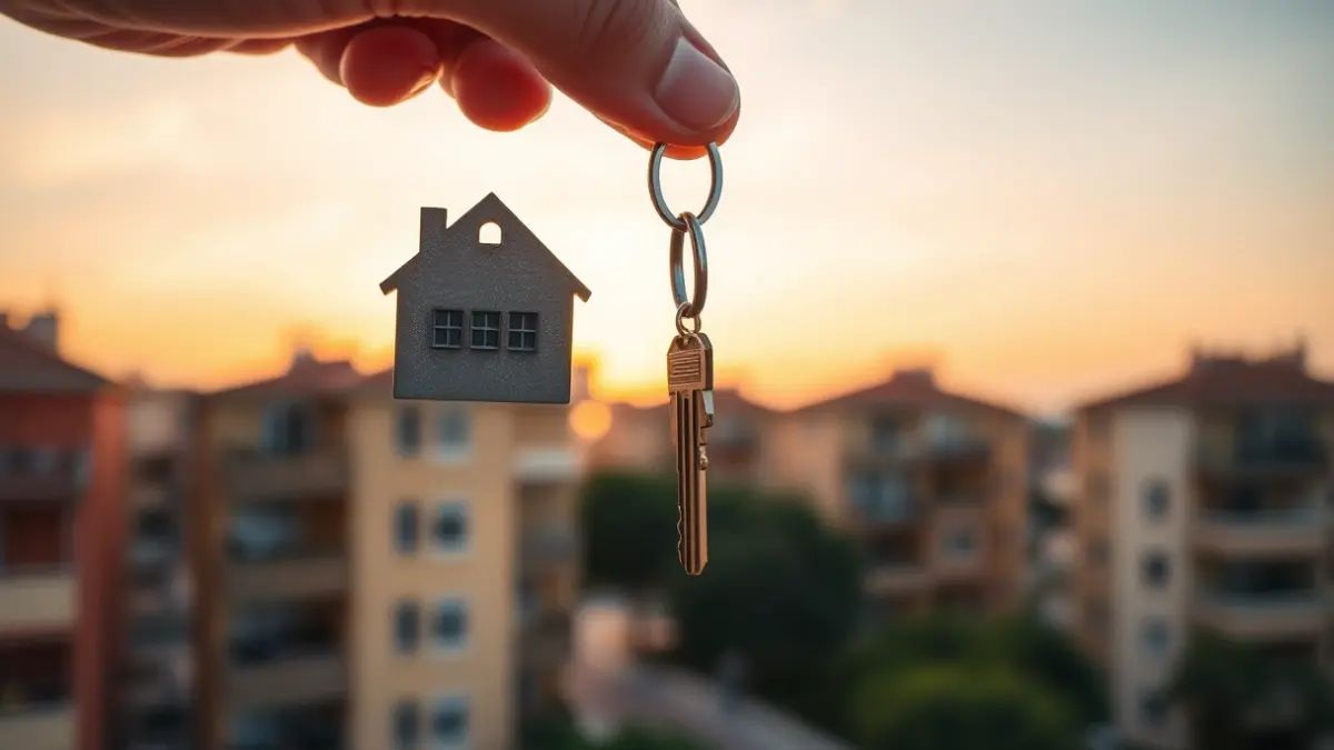 Generic image of a hand holding a key with apartment buildings in the background, symbolizing the rental market.