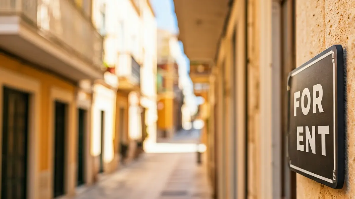 Generic image of a 'For Rent' sign on a Mediterranean building.