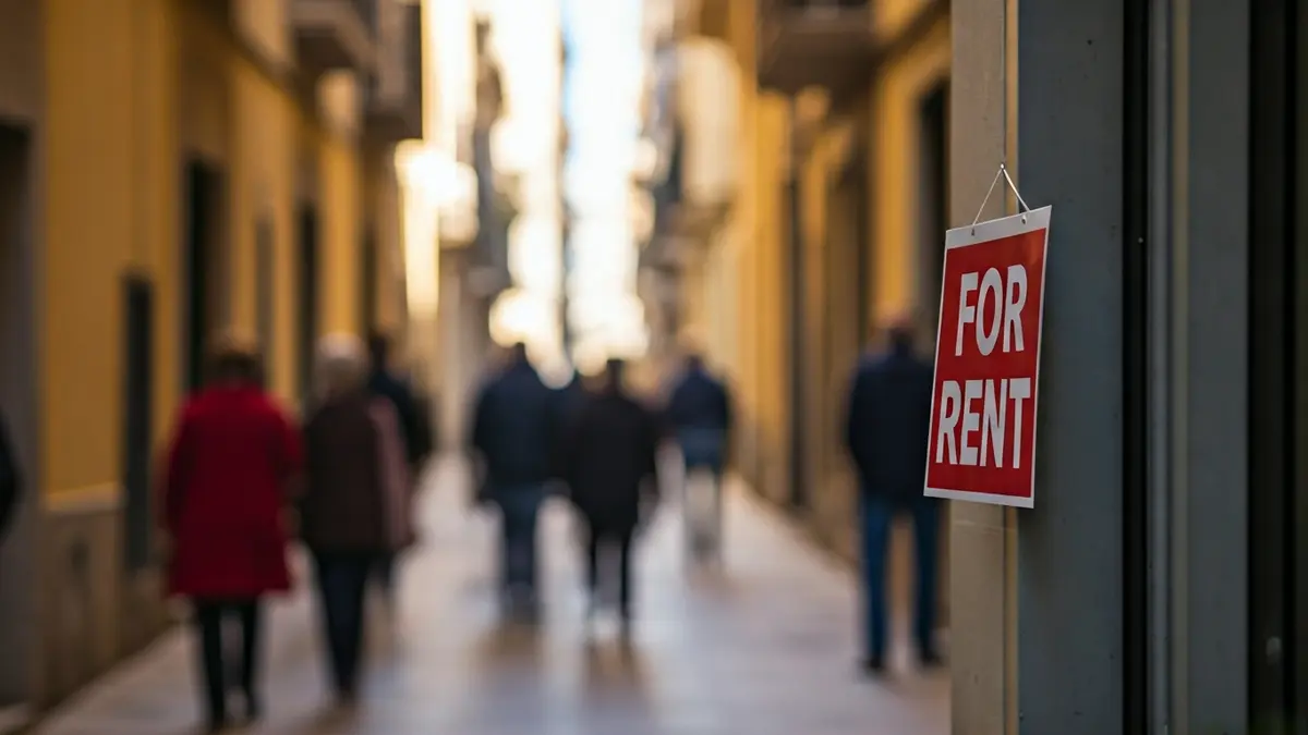 Imagen genérica de un cartel de 'se alquila' en una ventana de un edificio de apartamentos en Barcelona.