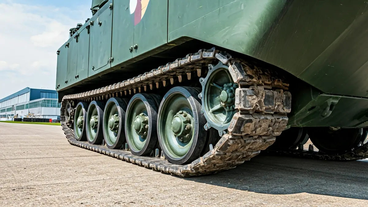 Imagen de un vehículo blindado en una pista de pruebas, con edificios industriales al fondo.