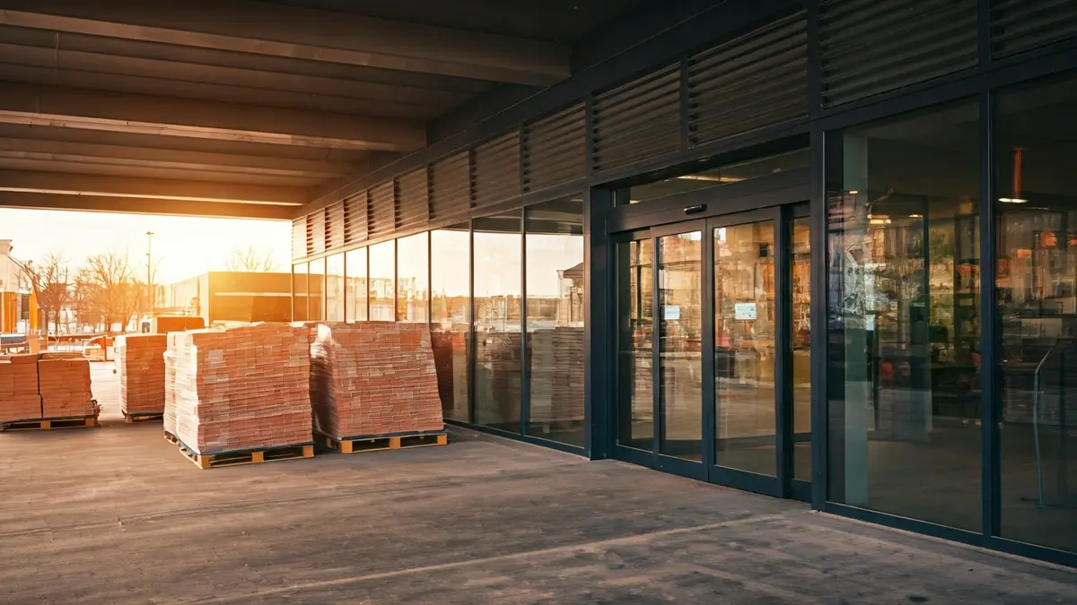 Entrance of a Consum supermarket under construction, with building materials at the door.