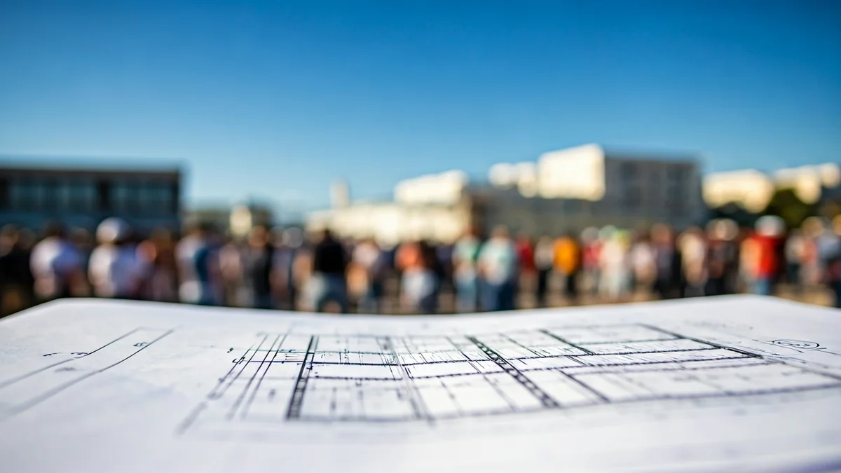 Imagen genérica de un plano de construcción con edificios industriales al fondo, simbolizando un proyecto paralizado.