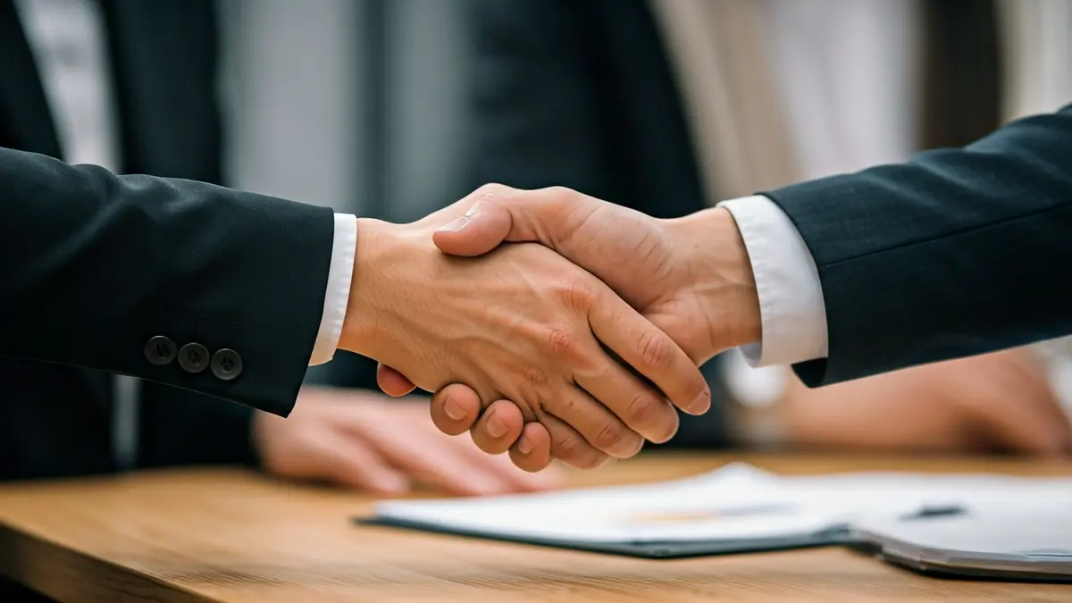 Imagen genérica de dos manos estrechándose sobre un papeleo, simbolizando la colaboración empresarial.