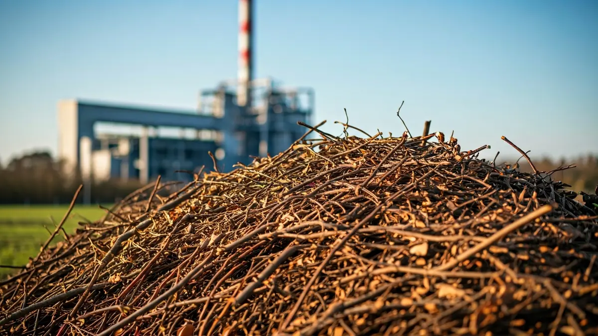 Generic image of forest biomass with an industrial facility in the background.