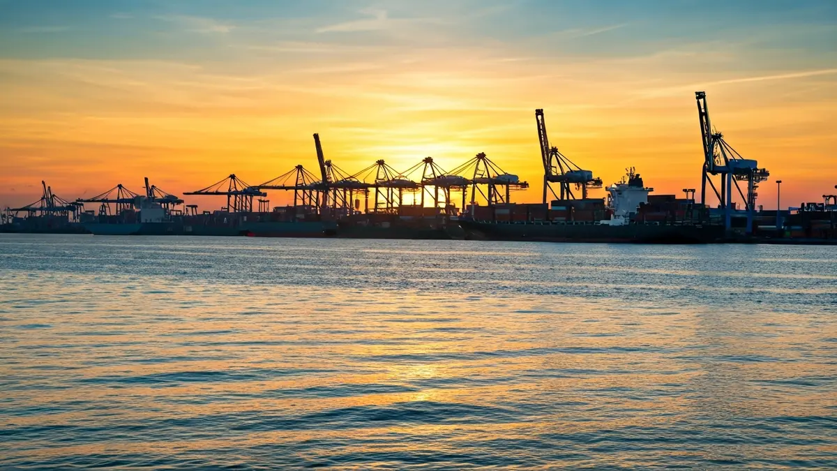 Generic image of a modern port at sunset, with cranes and container ships.