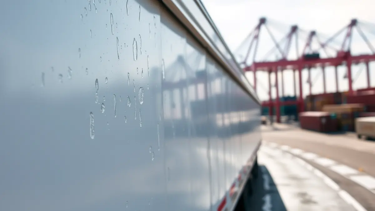 Imagen genérica de la puerta de un camión frigorífico en un puerto, con condensación y un entorno industrial borroso.
