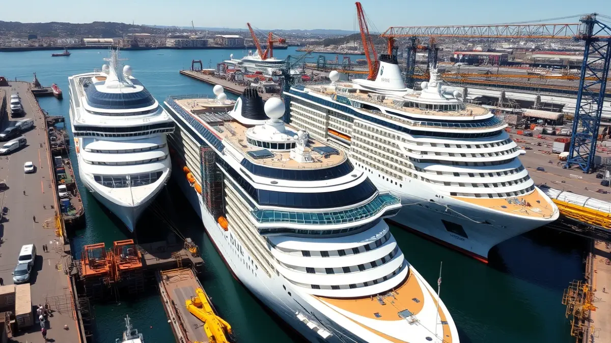 Image of several luxury cruise ships in dry dock at a shipyard.