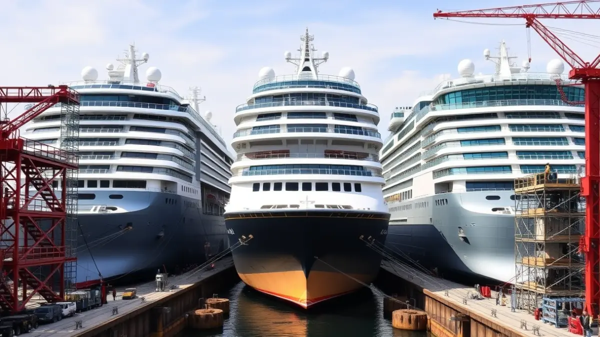 Image of several luxury cruise ships in dry dock at a port, with scaffolding and industrial machinery.