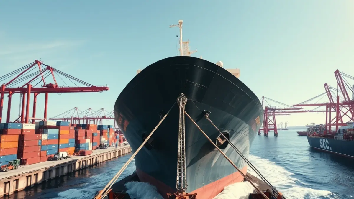 Generic image of a cargo ship entering a port.