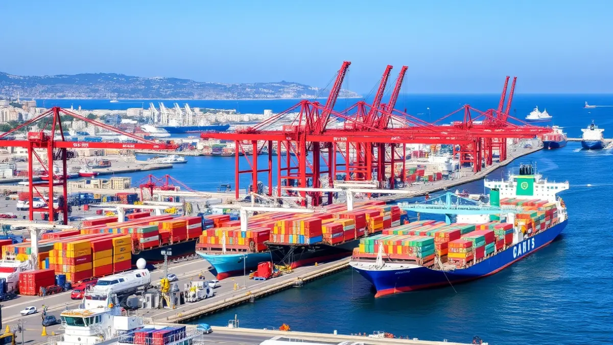 Imagen genérica de un puerto con barcos de carga y grúas.