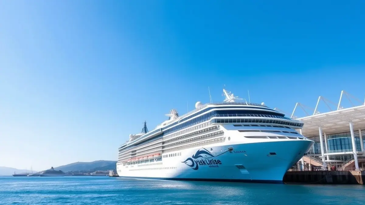 Generic image of a cruise ship docked at a modern port under a blue sky.