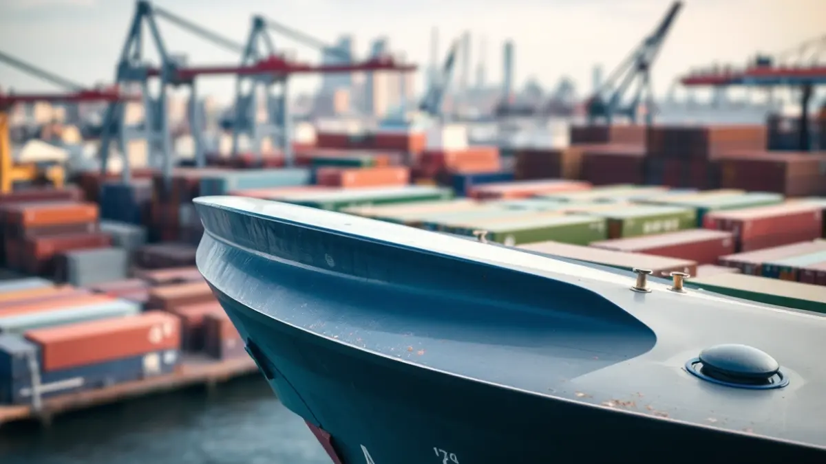Generic image of a port with a cargo ship and containers, symbolizing goods traffic.