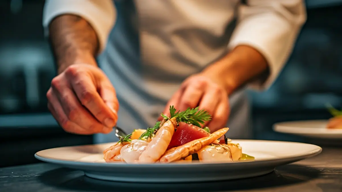 Imagen de un chef preparando un plato con esmero en una cocina profesional.