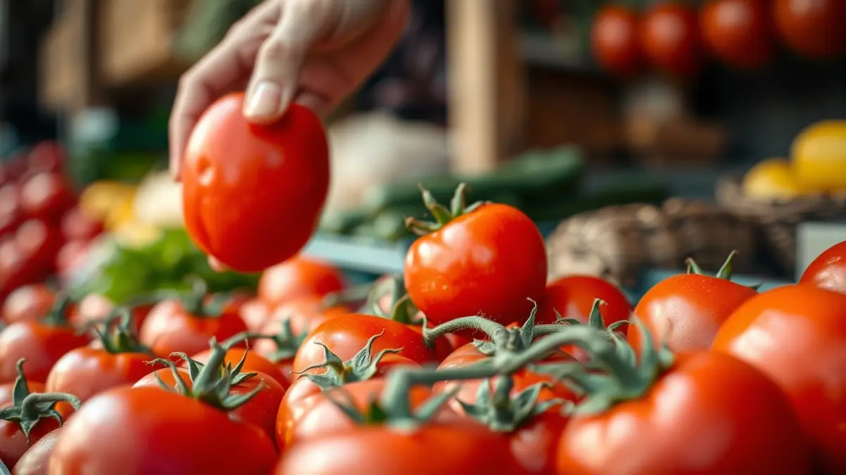 Imagen genérica de tomates frescos en un puesto de mercado.