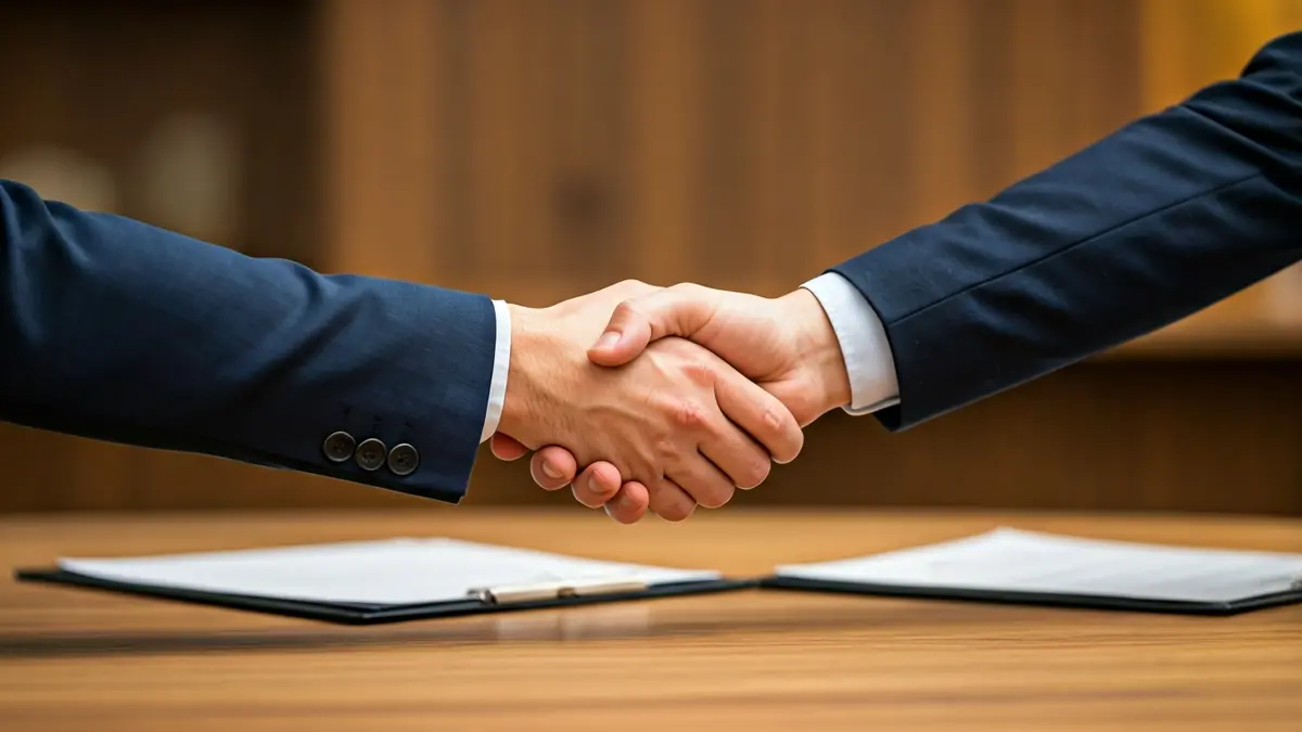 Imagen genérica de manos estrechándose sobre un escritorio con documentos, simbolizando un acuerdo o distribución de fondos.