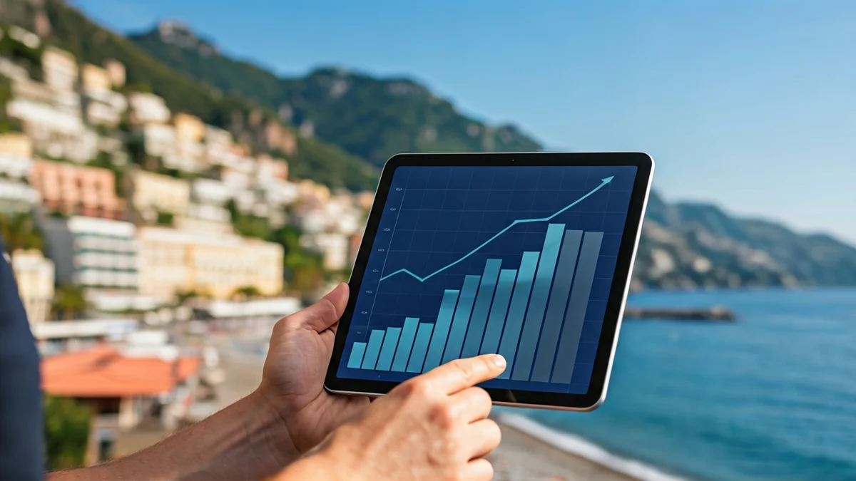 Imagen genérica de una mano sosteniendo una tableta con un gráfico de barras que muestra una ligera desaceleración, con un fondo difuminado de una ciudad costera mediterránea.