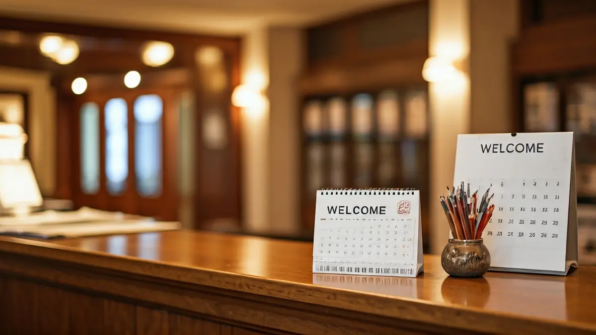 Imagen genérica de un mostrador de recepción de hotel con un calendario de primavera.