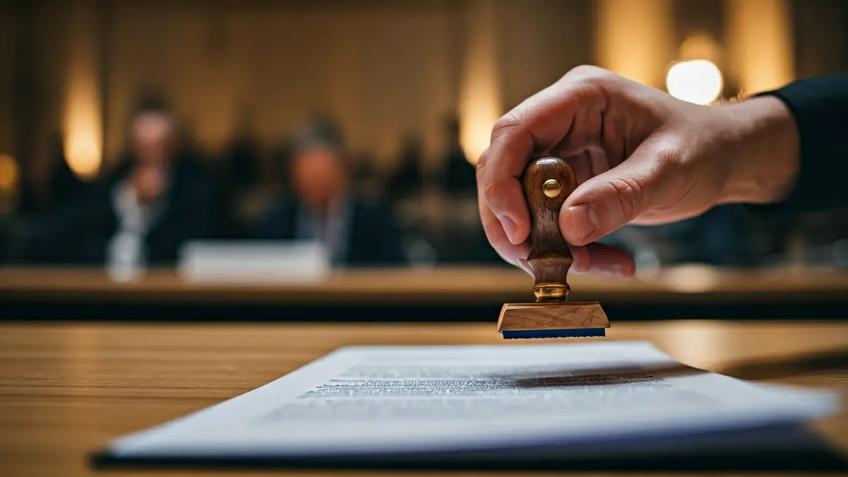 Imagen de una mano sellando un documento con un sello de sostenibilidad.