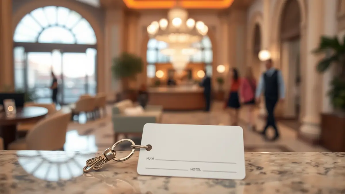 Generic image of a hotel key card on a reception desk.