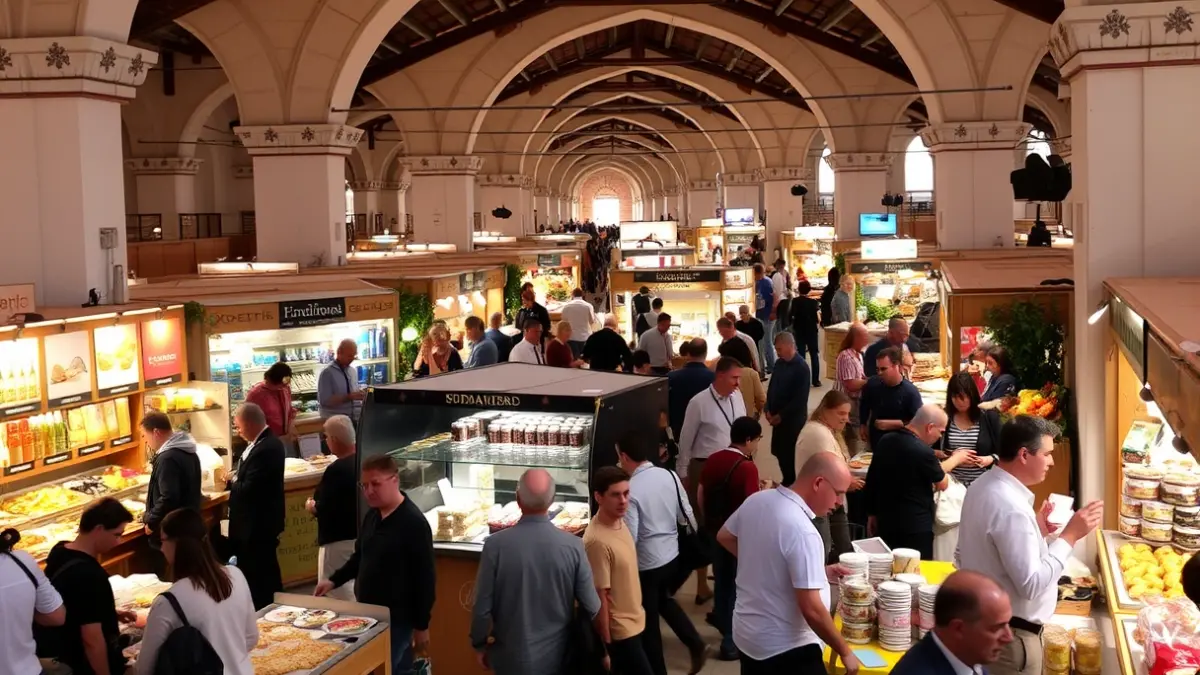 Image of a food exhibition hall with stalls and visitors.