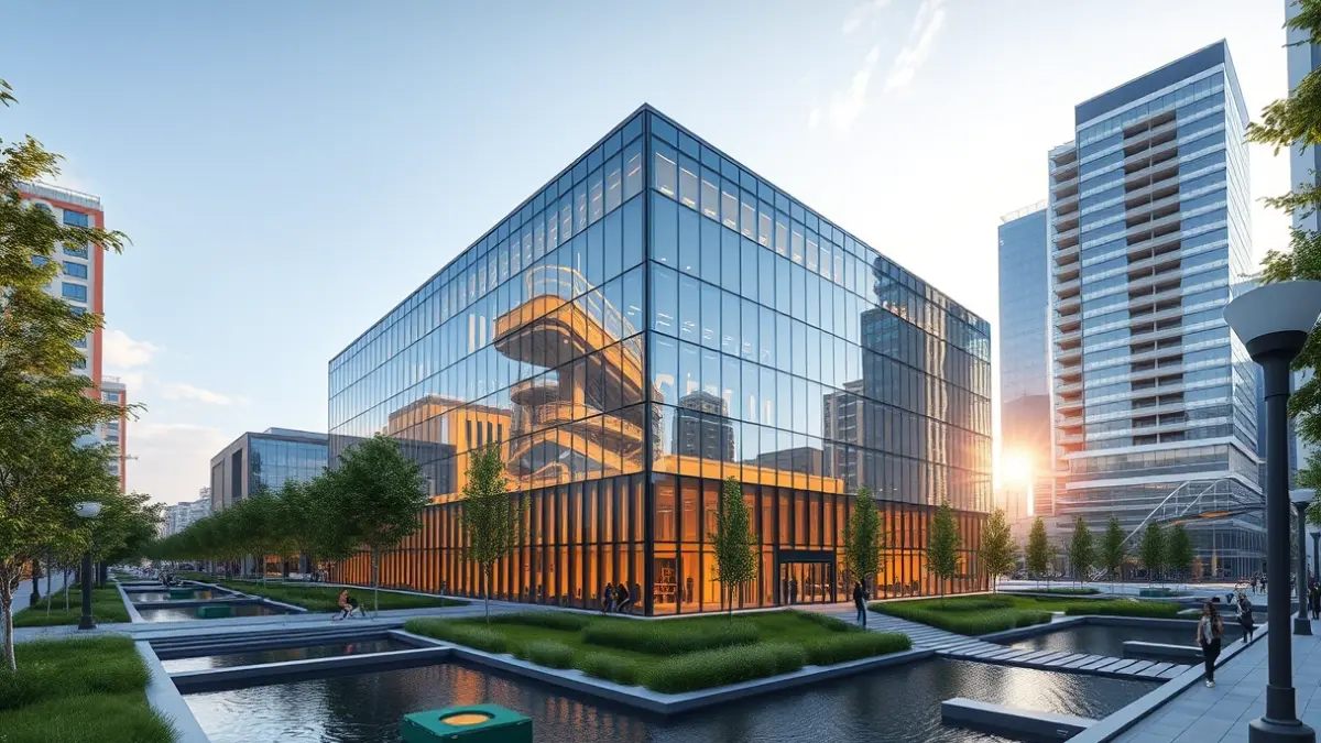 Generic image of a modern innovation center with large glass windows and green spaces.