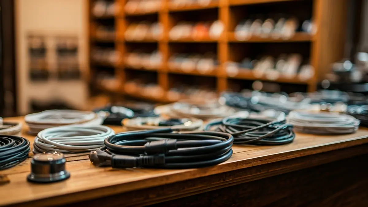 Imagen genérica de cables y pilas en una tienda de electrónica.