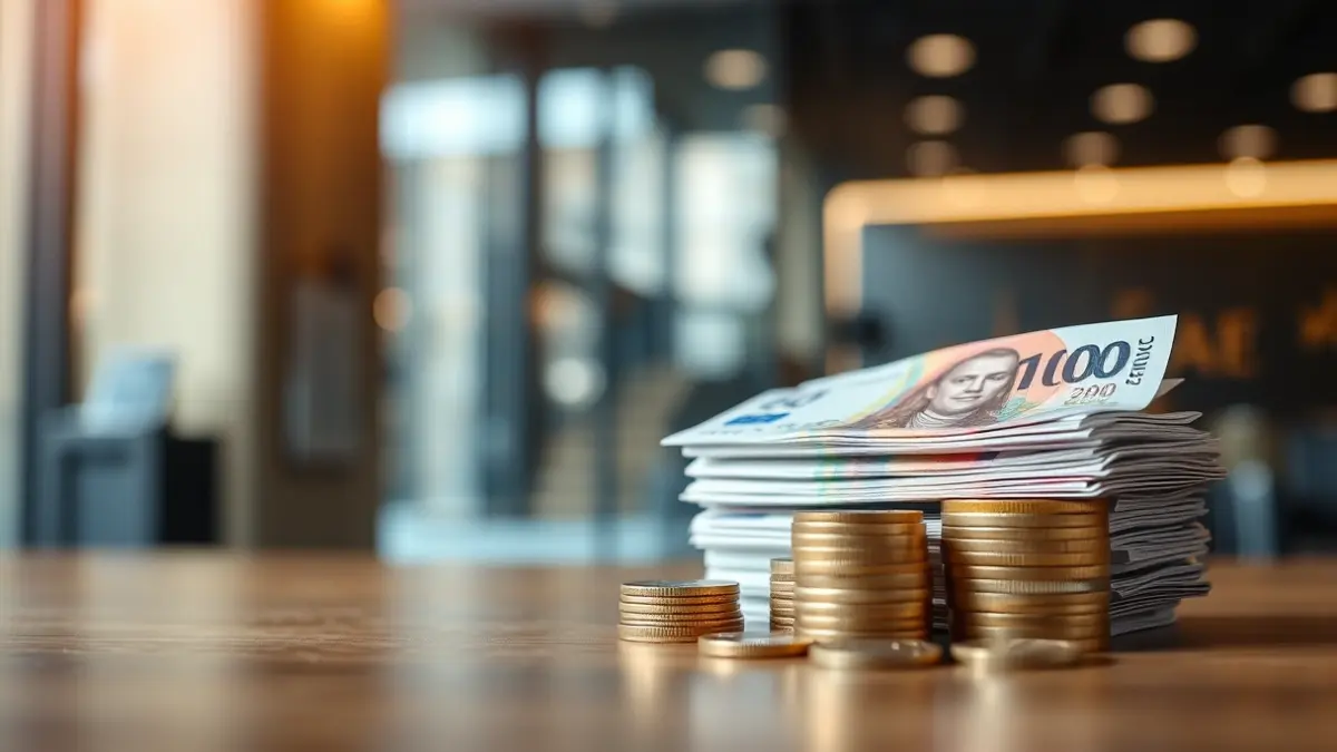 Generic image of cash and coins on a table, with a blurred bank background, symbolizing savings.