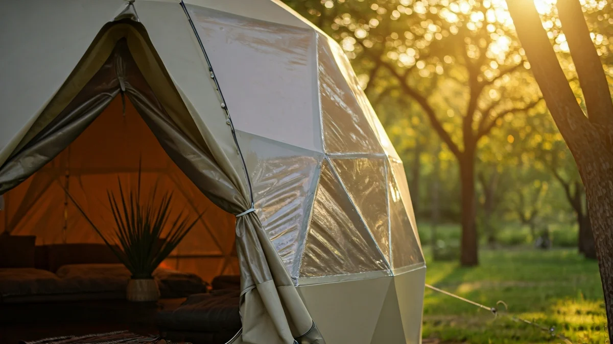 Imagen genérica de una tienda de glamping moderna en un entorno natural.