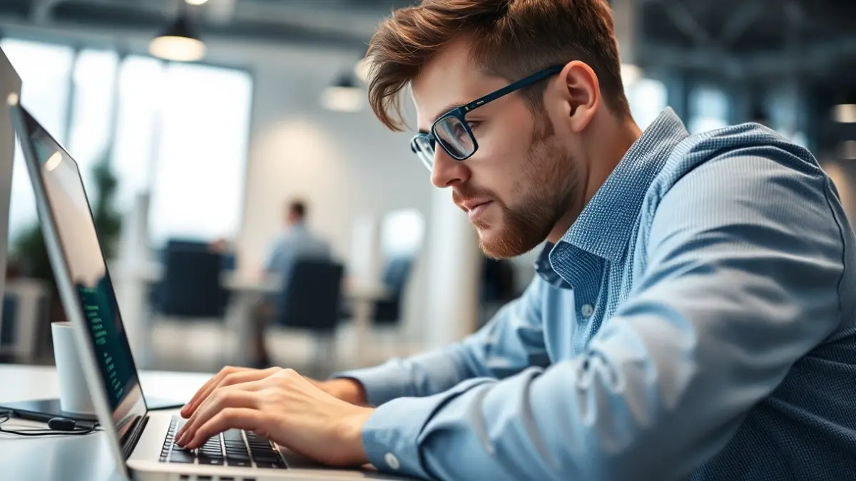 Generic image of a professional working on a laptop in a modern office.