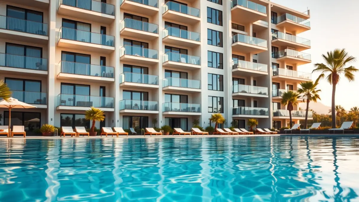 Imagen genérica de una promoción de viviendas con piscina en un entorno urbano mediterráneo.