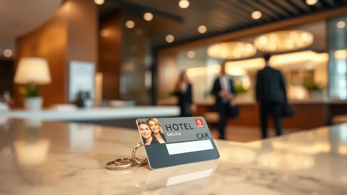 Generic image of a hotel key card on a reception desk, with blurred business travelers in the background.
