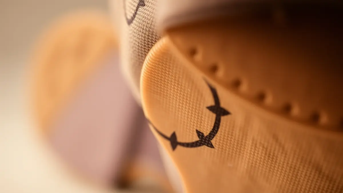 Imagen genérica de un tejido textil con un patrón circular y una suela de zapato desenfocada, simbolizando la economía circular en los sectores textil y del calzado.