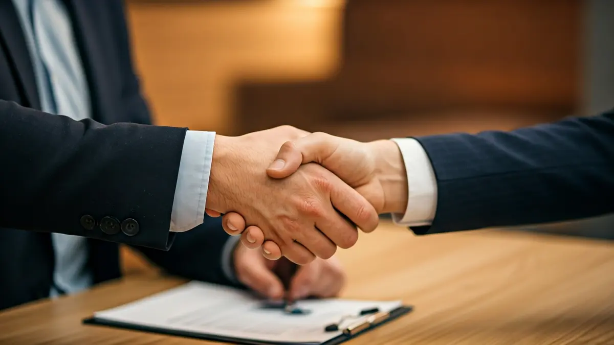 Imagen genérica de dos manos estrechándose en un entorno de oficina, simbolizando la cooperación económica internacional.