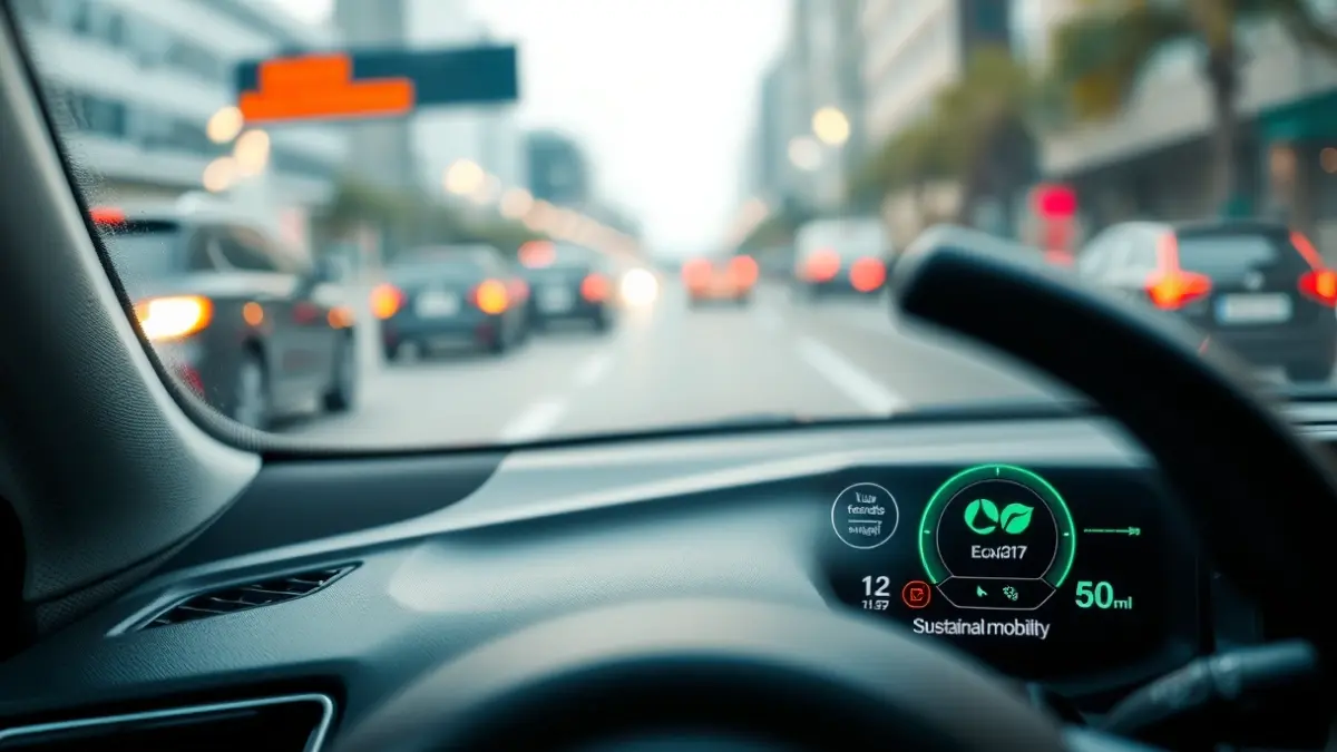 Imagen genérica de un salpicadero de coche moderno con símbolos ecológicos, representando la movilidad sostenible.