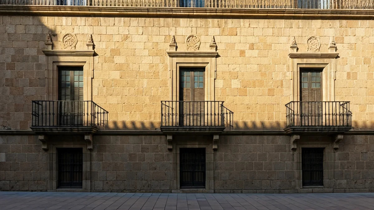 Imagen genérica de la fachada de un ayuntamiento o edificio institucional de piedra con balcón y barandillas de hierro, bajo la luz del sol de la tarde.