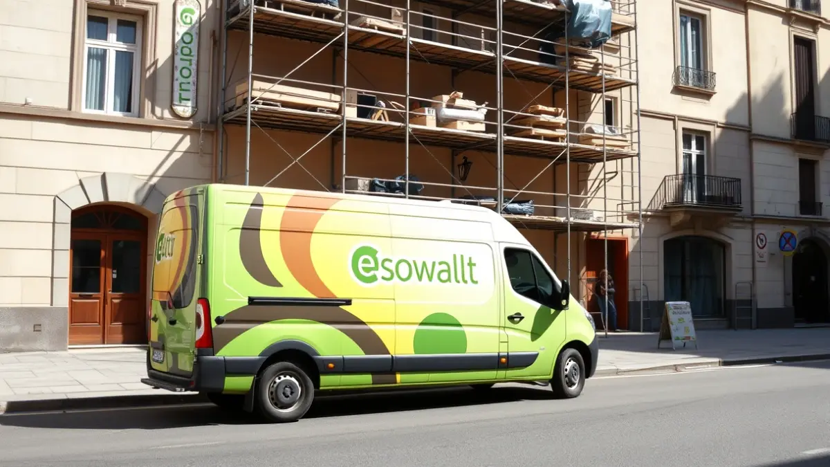 Company van with corporate logo in front of a renovated building in Alcorcón.