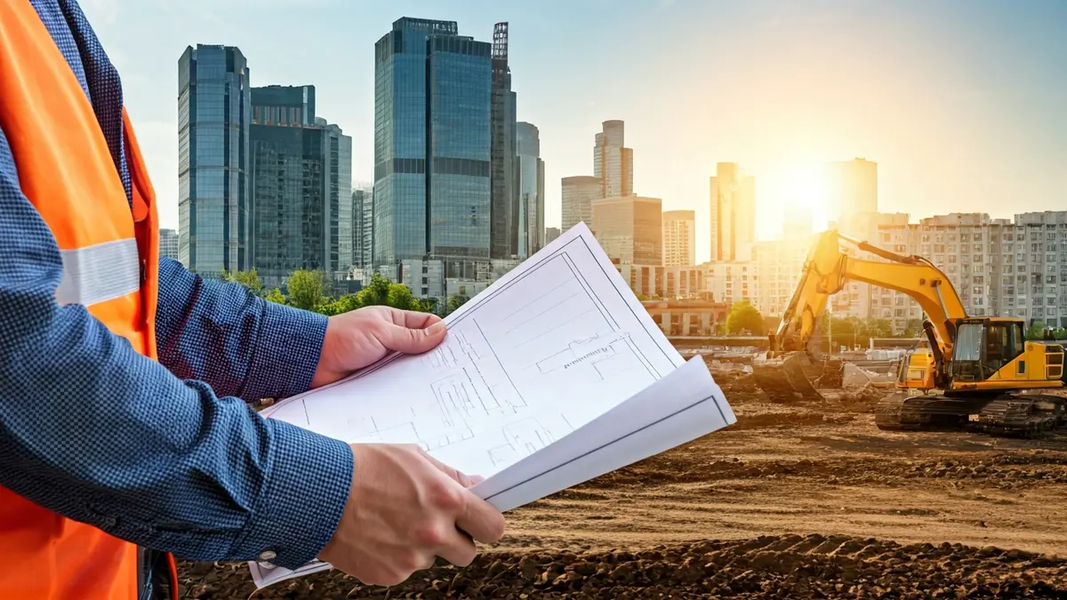 Imagen genérica de manos revisando planos de construcción en una obra.