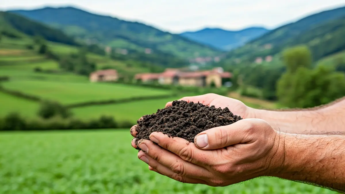 A farmer's hands holding rich soil in a mountainous Basque landscape, with traditional baserri in the background.