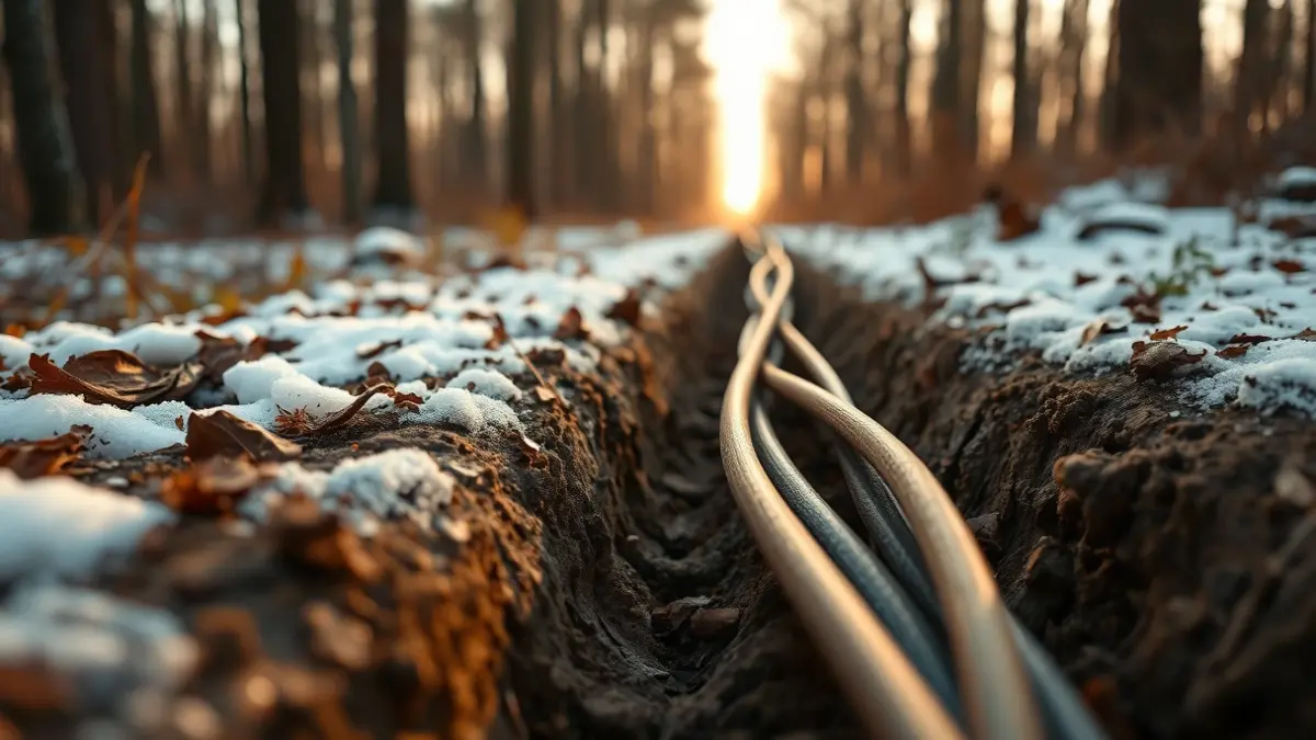 Installation work for a new underground power line in a snowy forest environment.