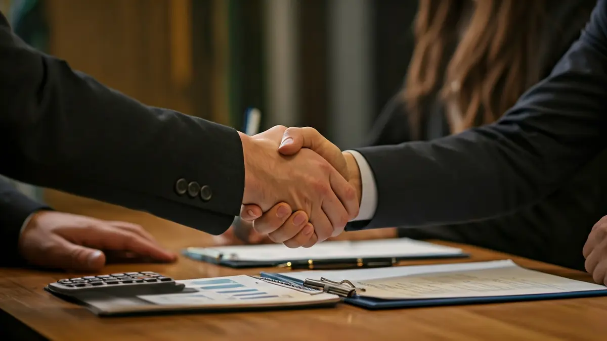 Generic image of hands shaking over a desk, symbolizing business agreements and economic activity.