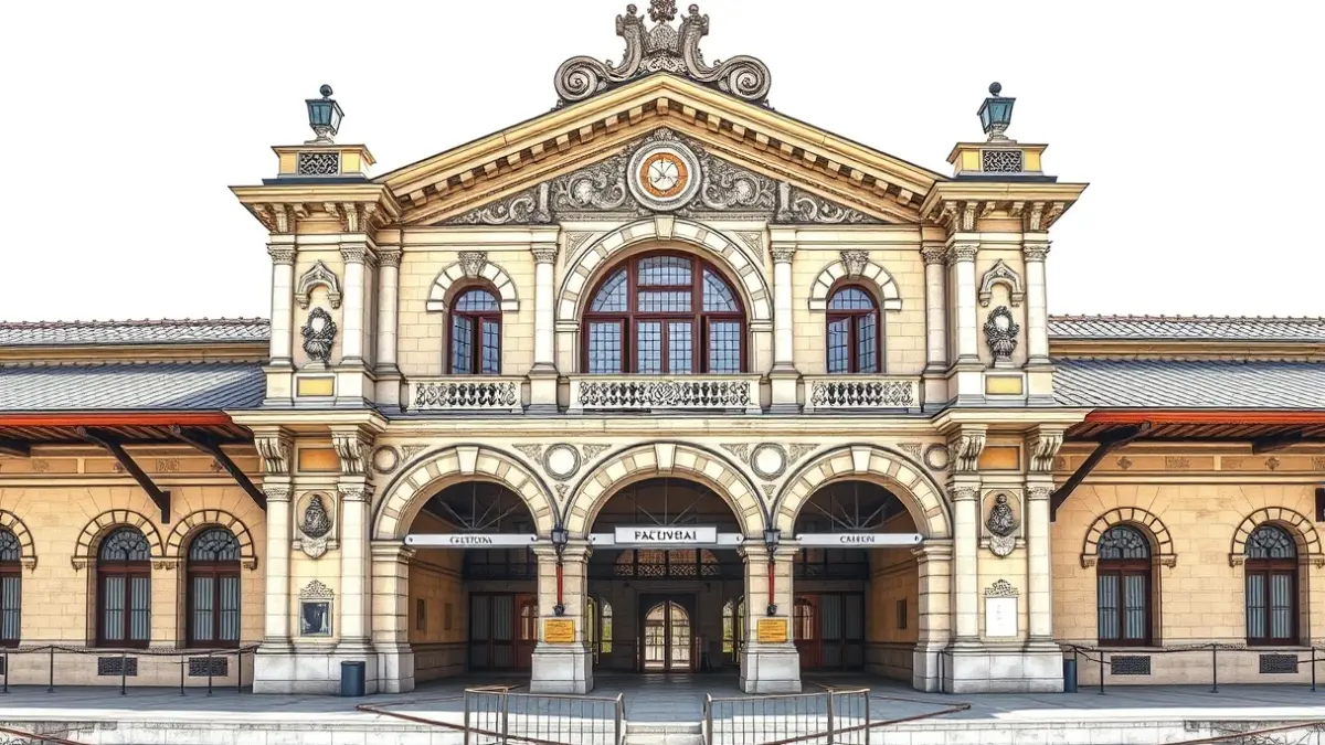 Image of a historic train station facade with modern design elements.